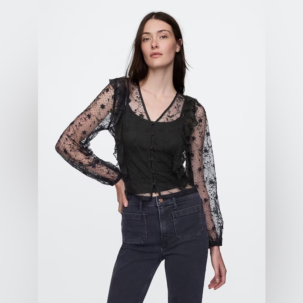 NWT $70 Gap Black Lace Sheer Button Down Ruffle Long Sleeve Top Sz Medium